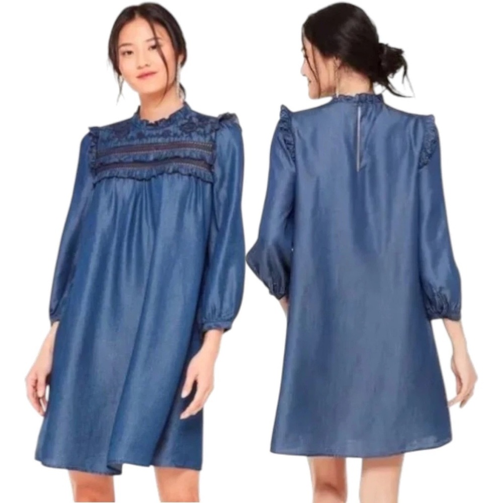 Kate Spade New York embroidered indigo blue Chambray long sleeve mini dress